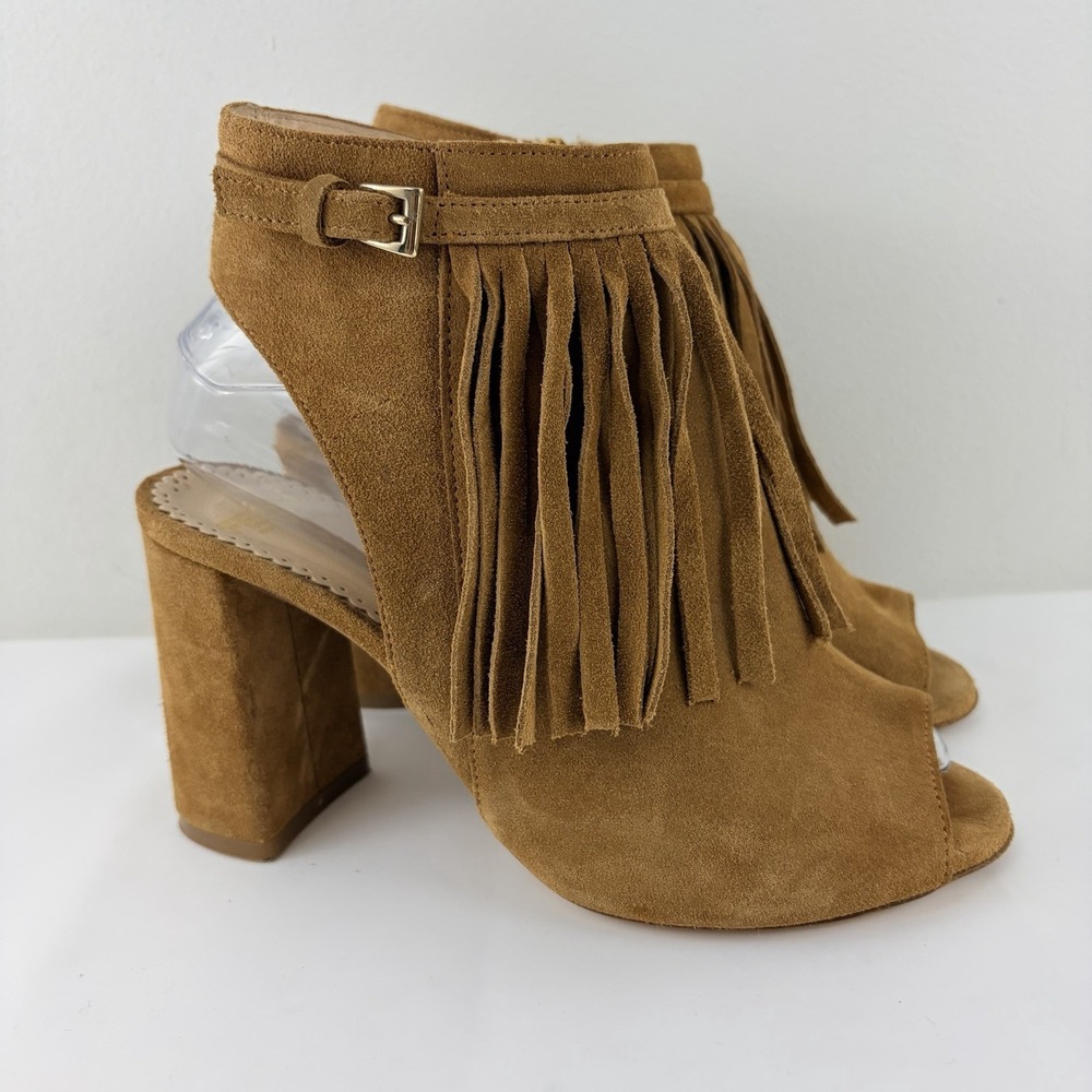 Festa Women's Brown Suede Fringe Peep Toe Heels EU 37 Italy Boho